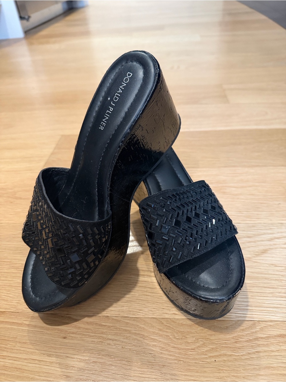 Donald J. Pliner Black Woven Platform Wedge Slides